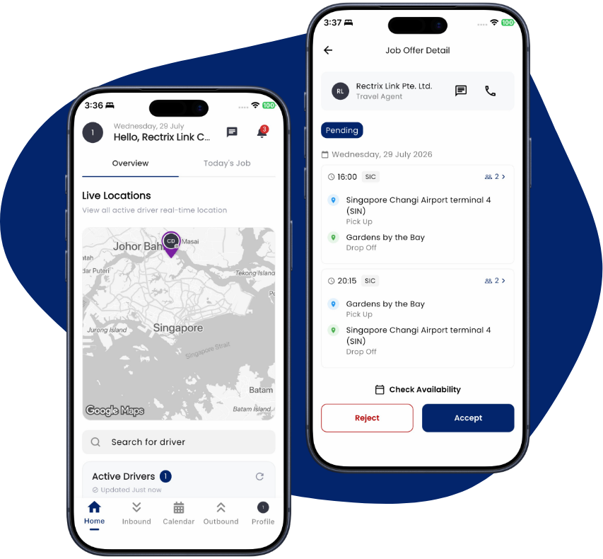 The Rectrix Link Contractor app showing live driver locations and a job offer