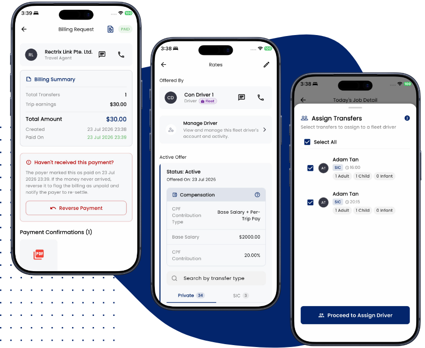 Billing, driver rates and transfer assignment in the Contractor app