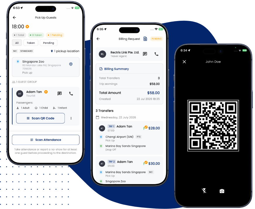 Guest pickup, QR attendance scanning and a billing request in the Driver app