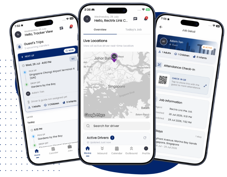 The Rectrix Link apps showing live driver locations, guest trips and job details