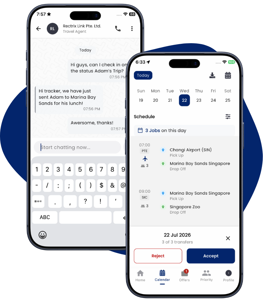 In-app chat with a travel agent alongside the daily job schedule
