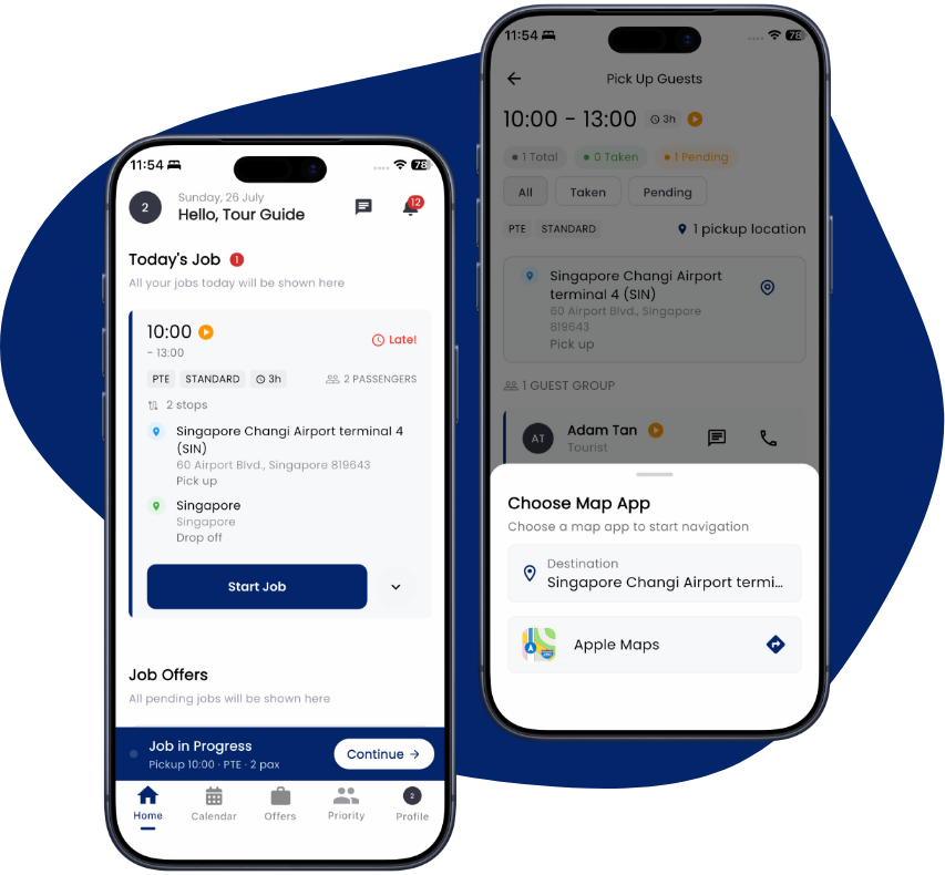 The Rectrix Link Tour Guide app showing today’s tour and guest pickup navigation