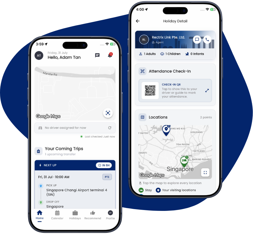 The Rectrix Link app showing a traveller&rsquo;s upcoming trip and holiday detail