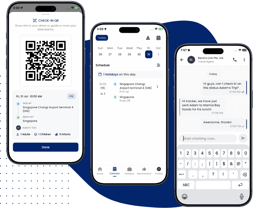 QR check-in, the trip schedule and agency chat in the Rectrix Link app