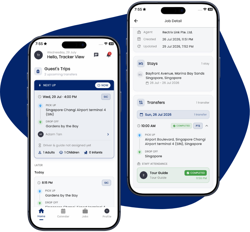 The Rectrix Link Tracker app showing guest trips and full job detail