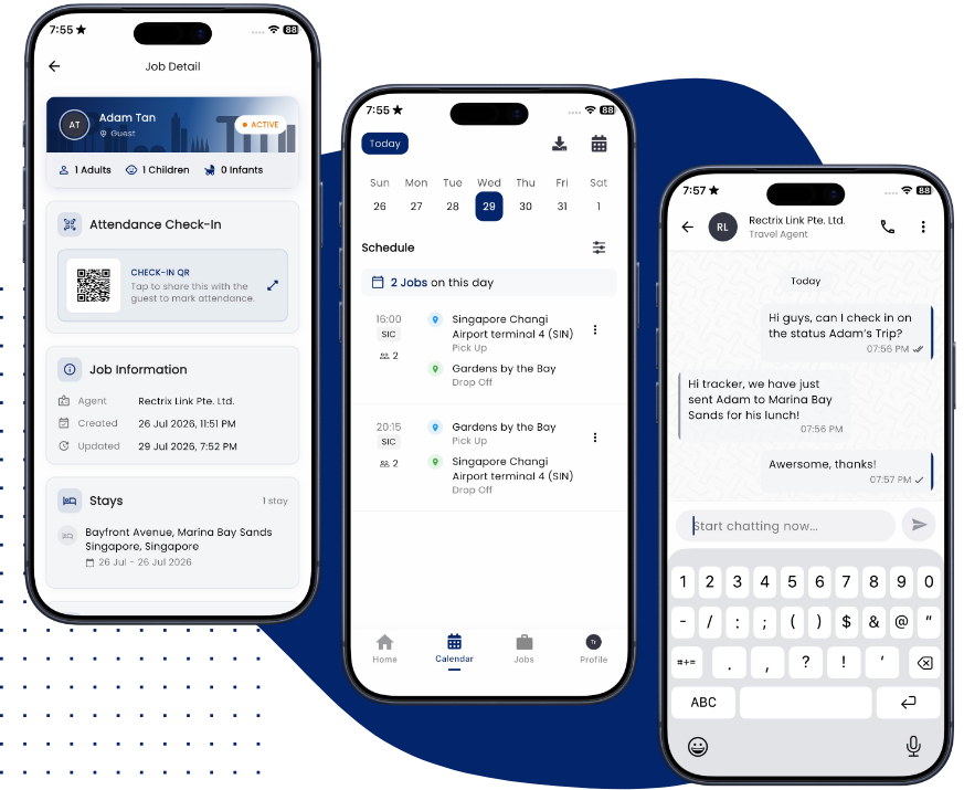 Job detail, the daily schedule and agency chat in the Tracker app